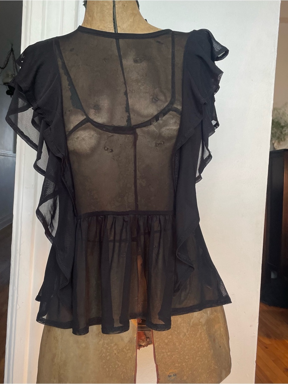 Sheer Ruffle Sleeve Women's Top - Black